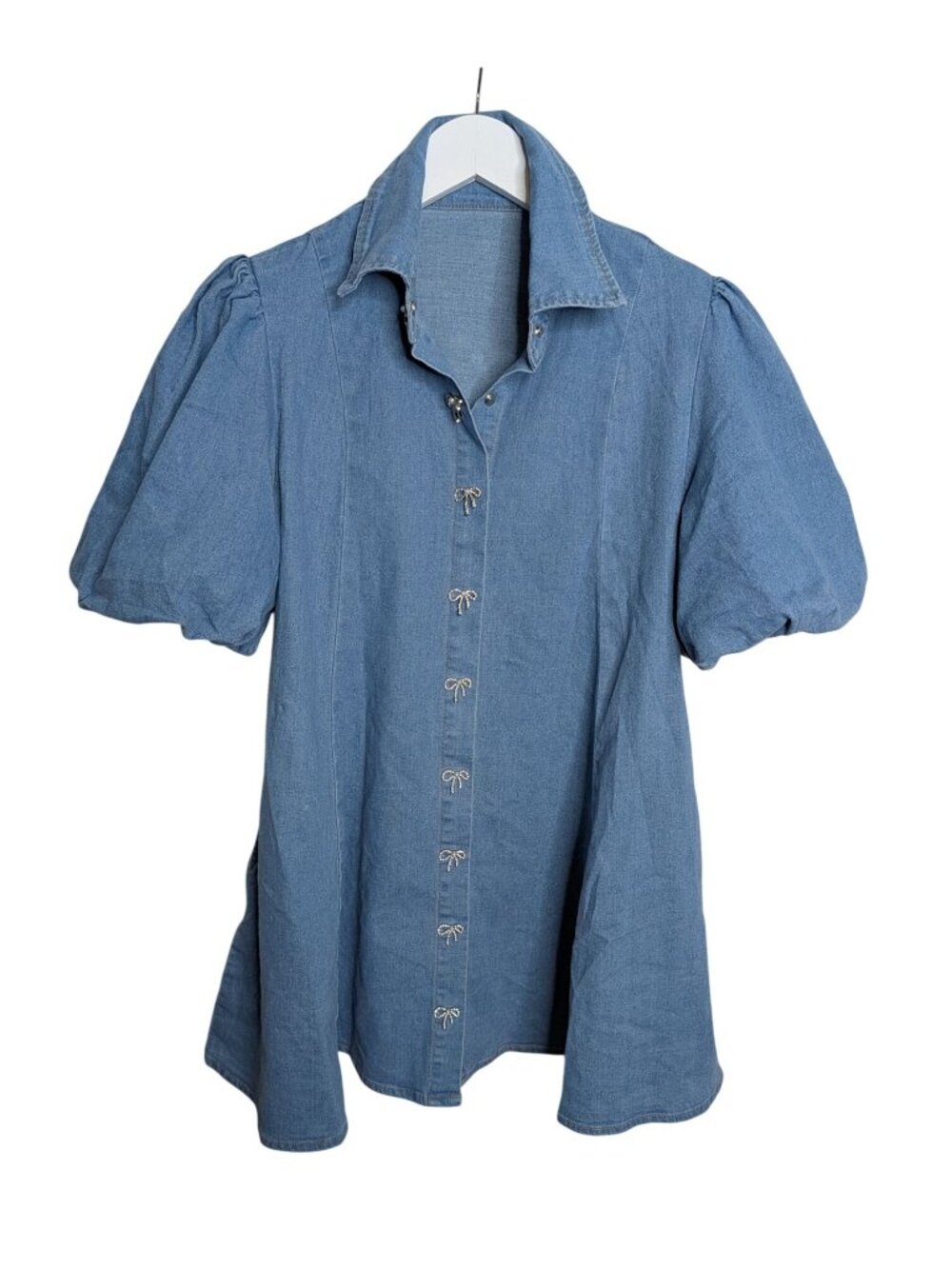 Poliro Denim Baby Doll Dress Sz M With Rhinestone Bow Buttons & Puff Sleeves - Picture 11 of 13